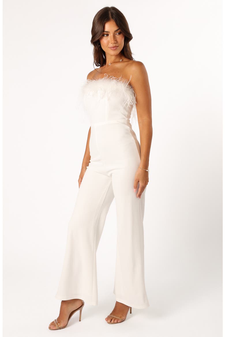 Louise Feather Trim Strapless Jumpsuit, Alternate, color, WHITE