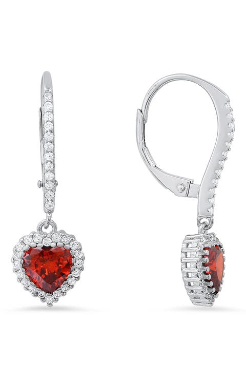 Sterling Silver Cubic Zirconia Halo Birthstone Heart Drop Earrings