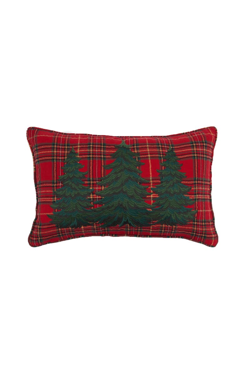 Spruce Tree Embroidered on Plaid Christmas Throw Pillow 14" x 22", Main, color, Red