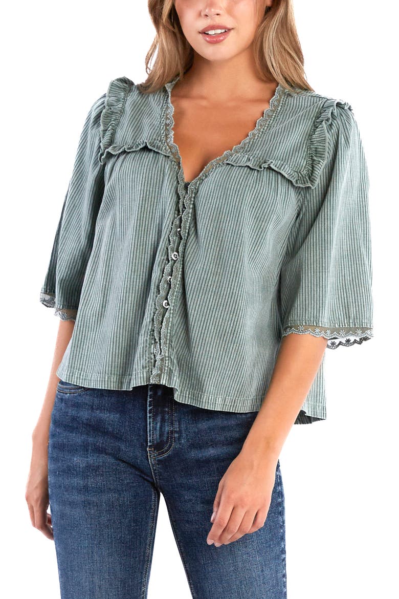 Juliet Lace & Ruffle Cotton Blend Top, Alternate, color, ARMY RR STRIPE