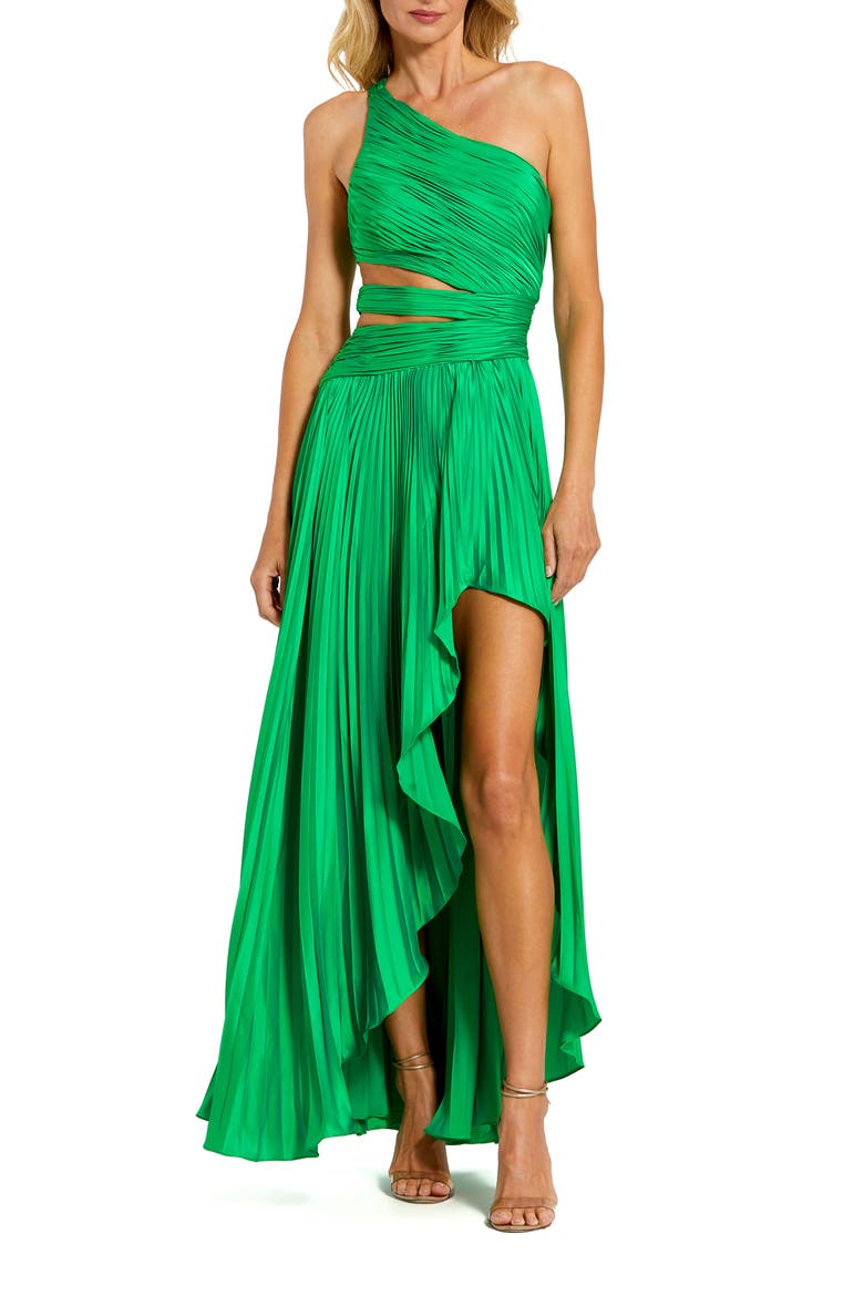 One Shoulder Pleated Charmeuse Gown with Slit, Main, color, SPRING GREEN