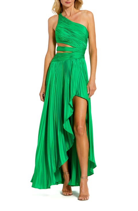 One Shoulder Pleated Charmeuse Gown with Slit