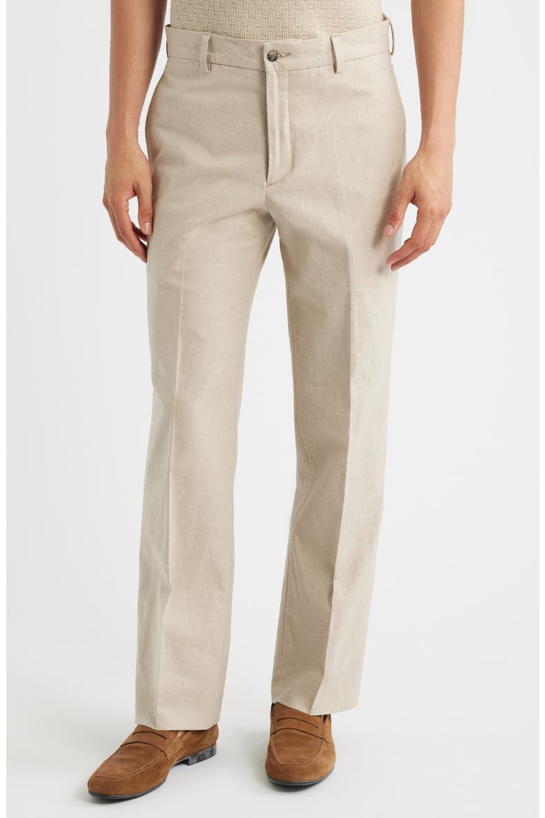 Flat Front Cotton & Linen Straight Leg Pants, Main, color, KHAKI