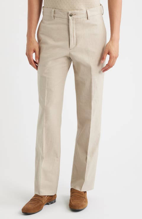 Flat Front Cotton & Linen Straight Leg Pants (Regular & Big)