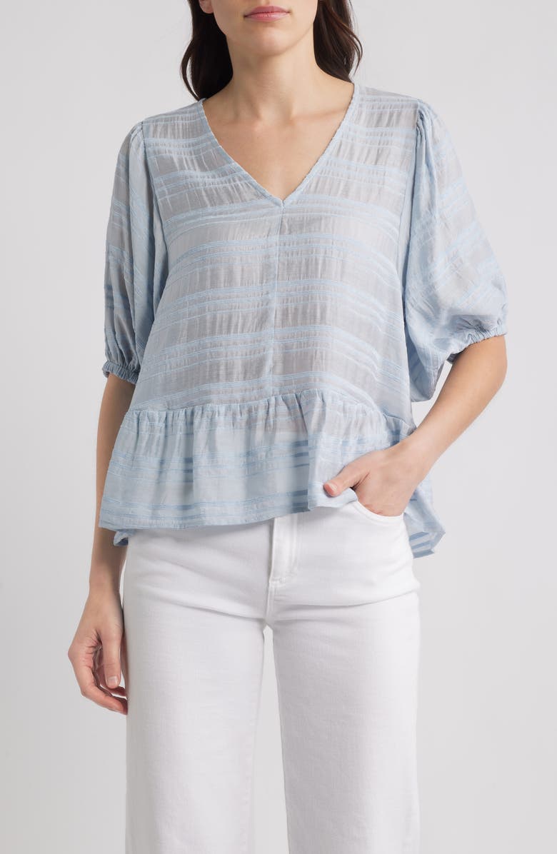 Bobeau Stripe Ruffle Hem Balloon Sleeve Top, Main, color, Blue