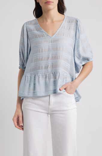 Bobeau Stripe Ruffle Hem Balloon Sleeve Top