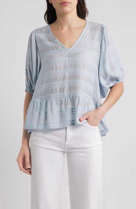 Bobeau Stripe Ruffle Hem Balloon Sleeve Top