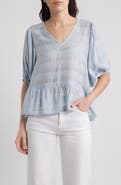 Bobeau Stripe Ruffle Hem Balloon Sleeve Top