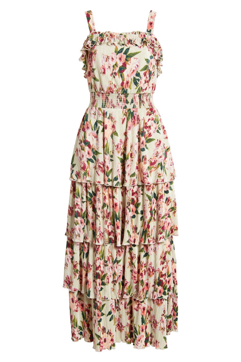 Plissé Tiered Maxi Dress, Alternate, color, GREEN- PINK BLOSSOMS