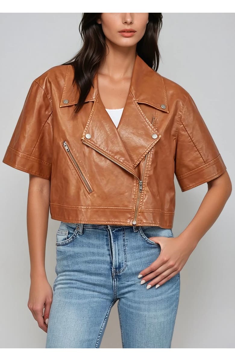 Sisterly Romy Crop Faux Leather Moto Jacket, Alternate, color, Cognac