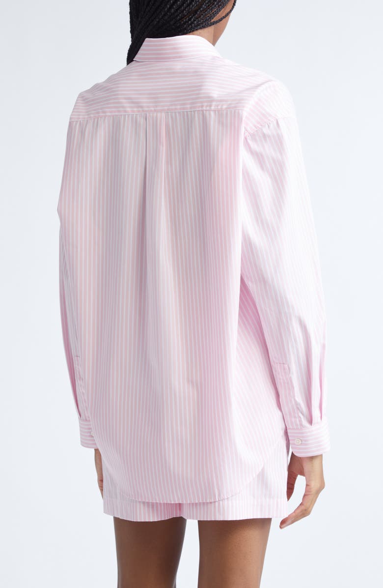 Sporty & Rich Eden Script Stripe Cotton Button-Up Shirt, Alternate, color, Pink/ White Thin Stripe