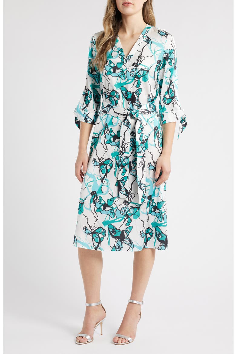 Abstract Print Tie Waist A-Line Midi Dress, Main, color, EMERALD AWE MULTI