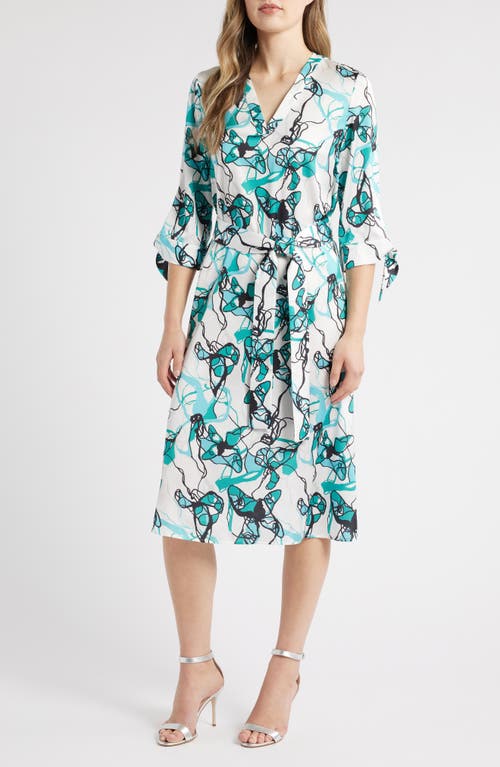 Ming Wang Abstract Print Tie Waist A-line Midi Dress In Emerald Awe Multi