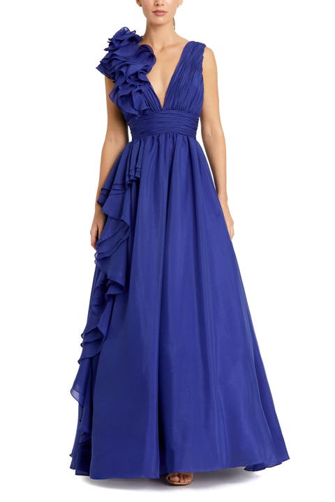 Ruffle Shoulder V-Neck Chiffon Gown