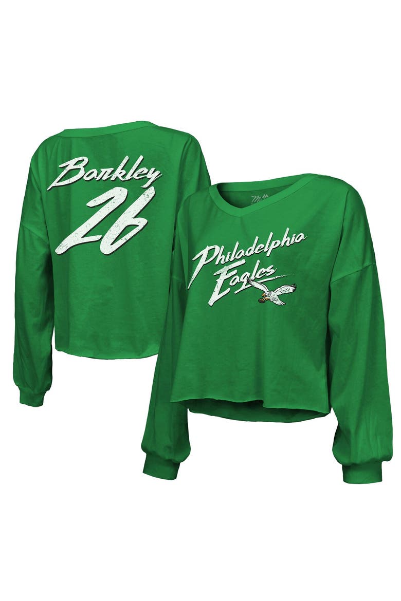 Women's Majestic Threads Saquon Barkley Kelly Green Philadelphia Eagles Name & Number Off-Shoulder Script Cropped Long Sleeve V-Neck T-Shirt, Main, color, Kelly Green