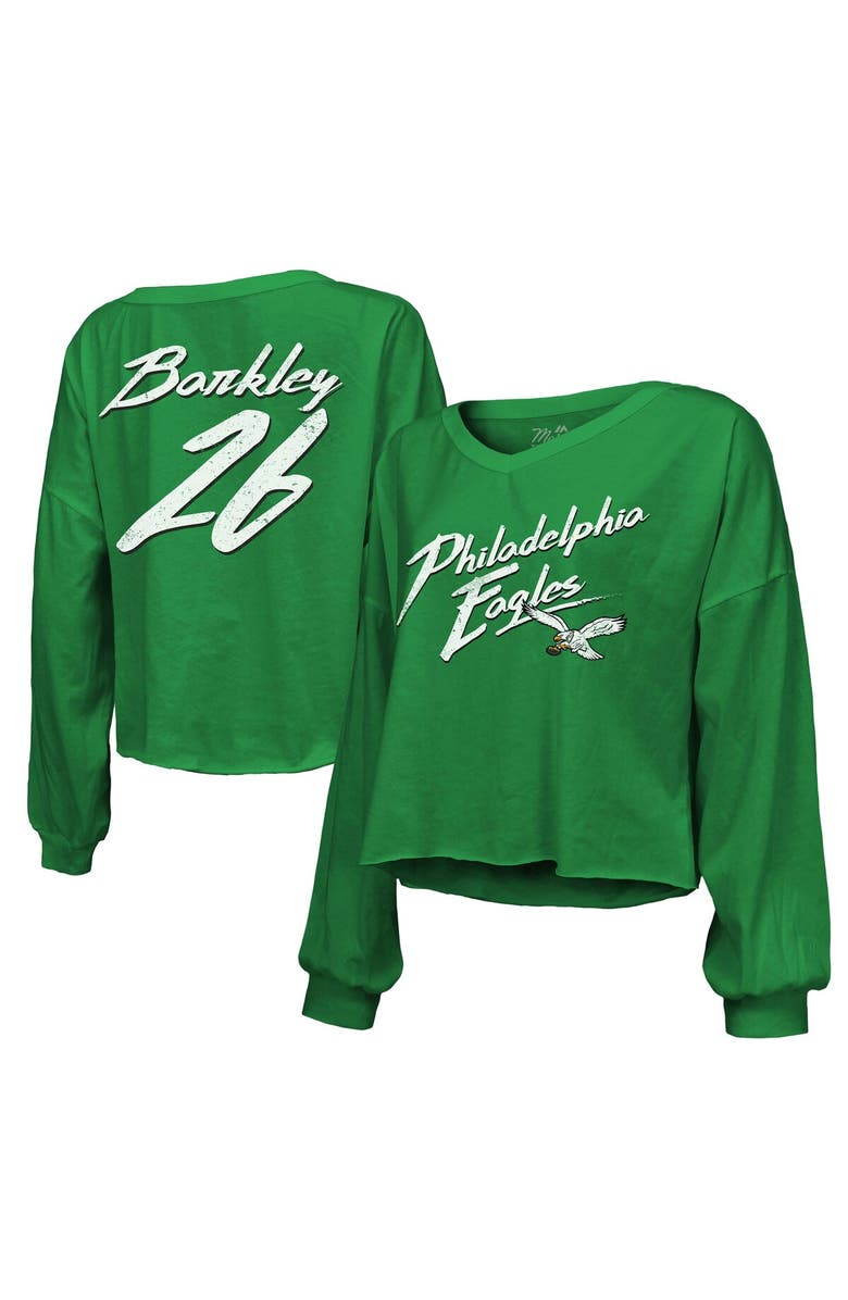 Majestic Threads Women's Majestic Threads Saquon Barkley Kelly Green Philadelphia Eagles Name & Number Off-Shoulder Script Cropped Long Sleeve V-Neck T-Shirt, Main, color, Kelly Green
