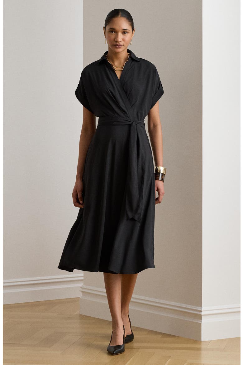 Belted Crêpe Dress, Alternate, color, BLACK