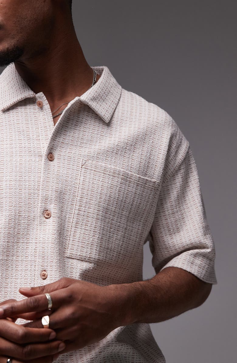 Topman Oversize Textured Stripe Short Sleeve Knit Cotton Button-Up Shirt, Alternate, color, Ecru