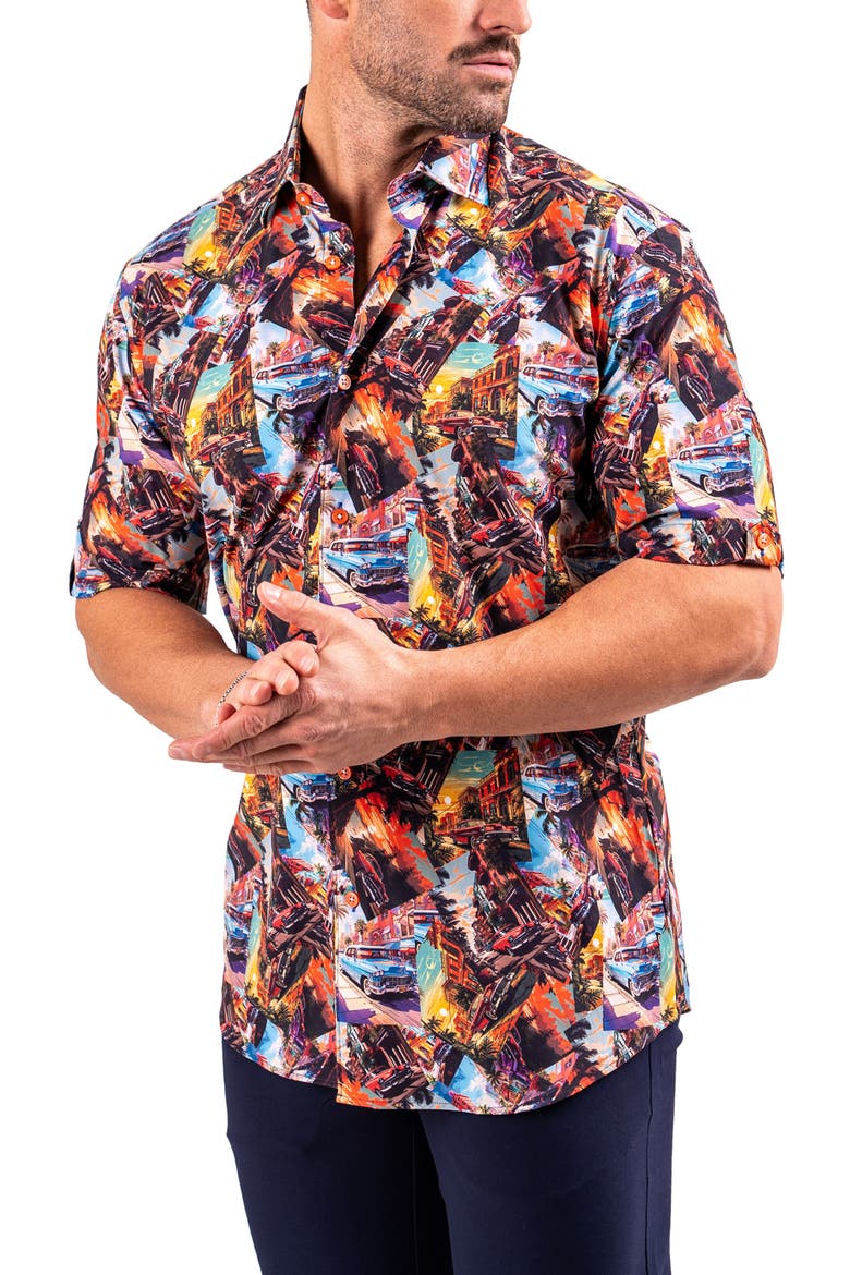 Galileo Resistance0345 Black Vintage Car Print Short Sleeve Cotton Button-Up Shirt, Alternate, color, BLACK