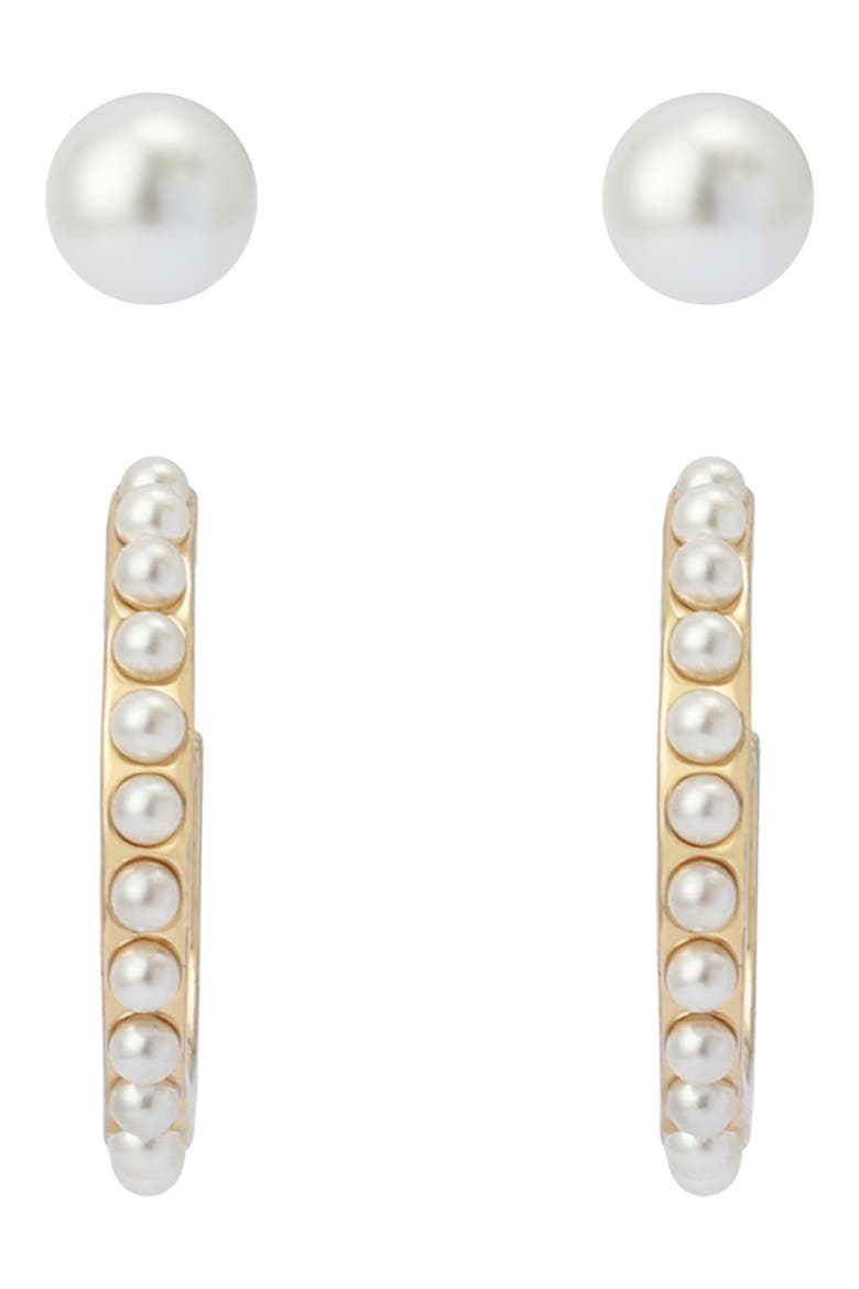 Set of 2 Faux Pearl Stud & Huggie Hoop Set, Alternate, color, GOLD/ PEARL