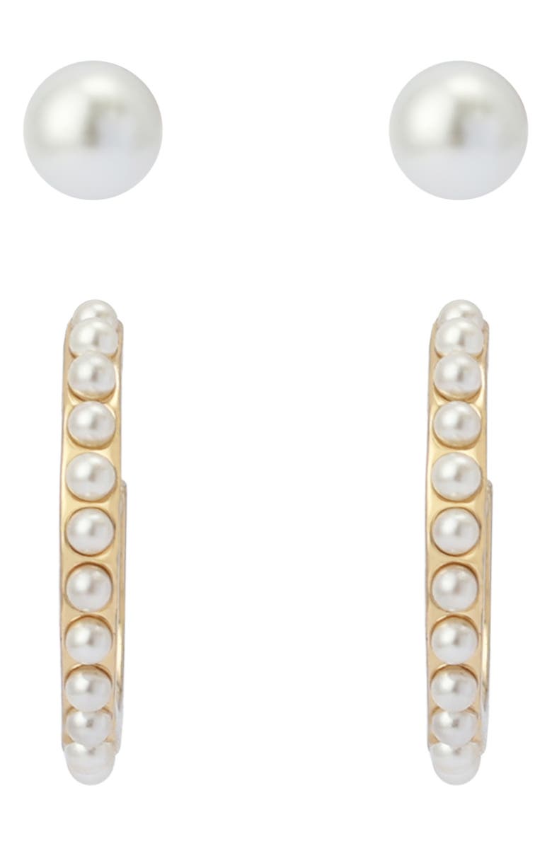 AllSaints Set of 2 Faux Pearl Stud & Huggie Hoop Set, Alternate, color, Gold/ Pearl