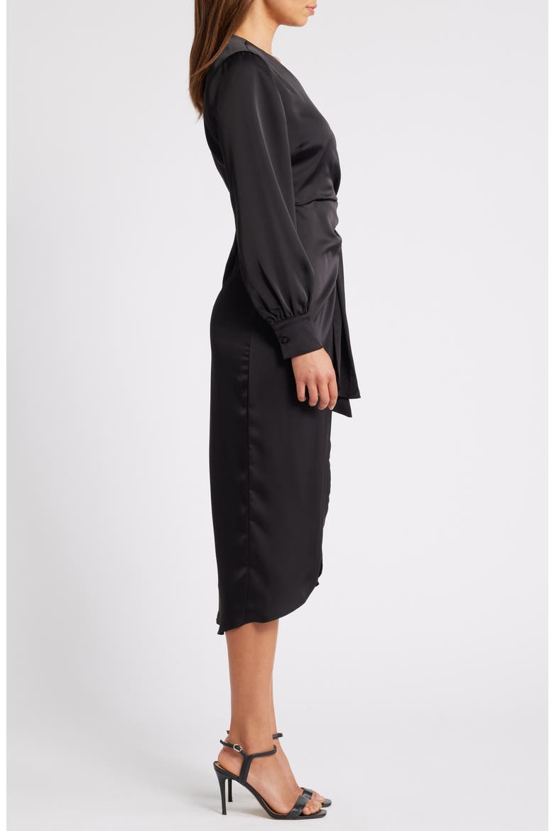 Fluid Long Sleeve Satin Faux Wrap Midi Dress, Alternate, color, BLACK