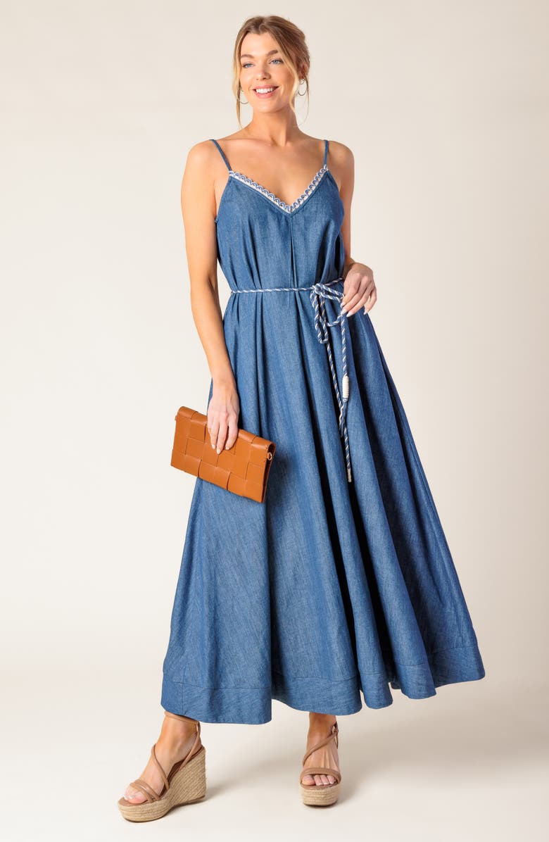 FLYING TOMATO Denim Midi Sundress, Alternate, color, Medium Indigo