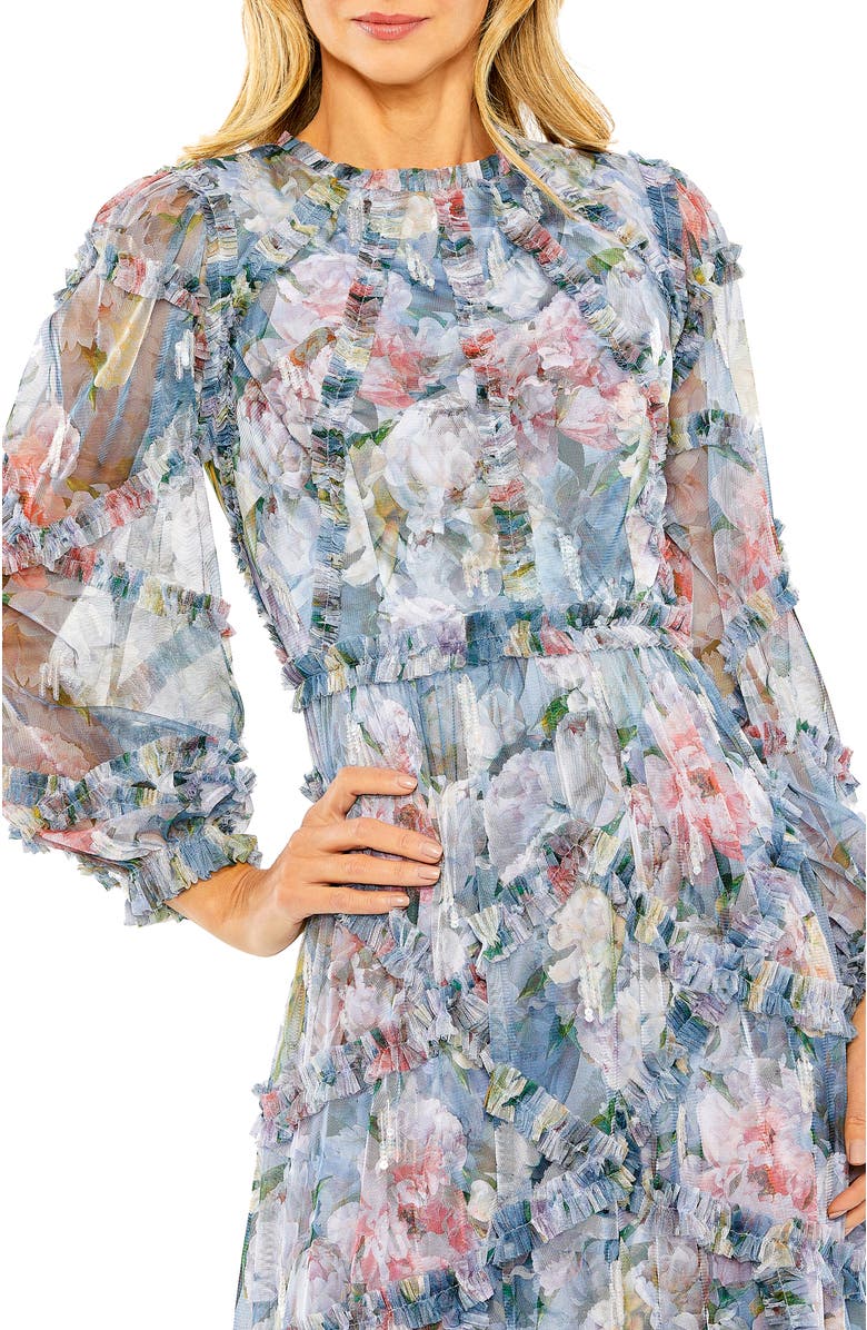 Mac Duggal Floral Long Sleeve High Neck Ruffle Detail Gown, Alternate, color, Platinum Multi