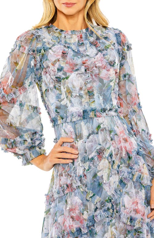 Mac Duggal Floral Long Sleeve High Neck Ruffle Detail Gown In Platinum Multi