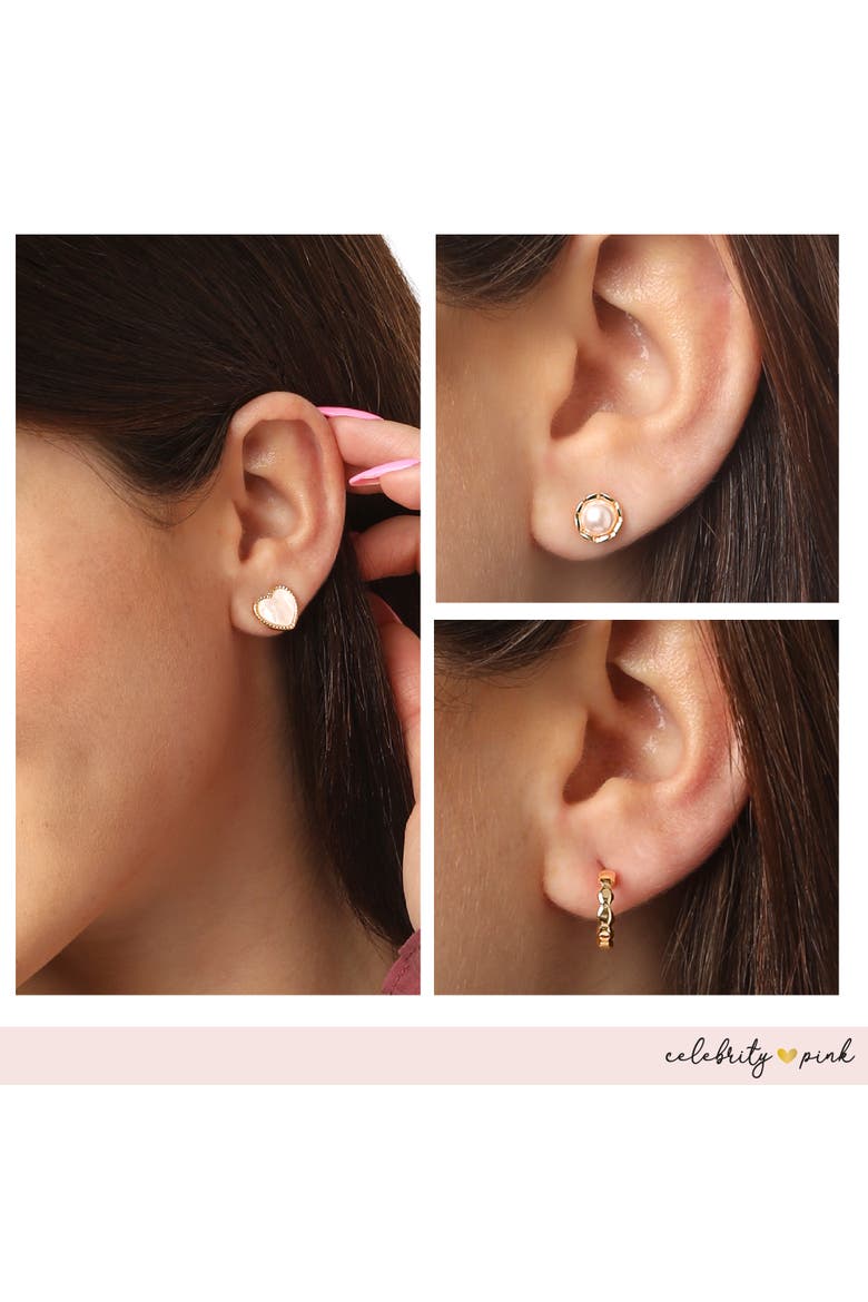 Gold-Tone Heart Stud Earrings and Huggie Hoops Pack of 6 | 6-Pack, Gold Heart Earrings, Faux Pearl Accents, Faux Pearl Accents, Alternate, color, Gold-Tone