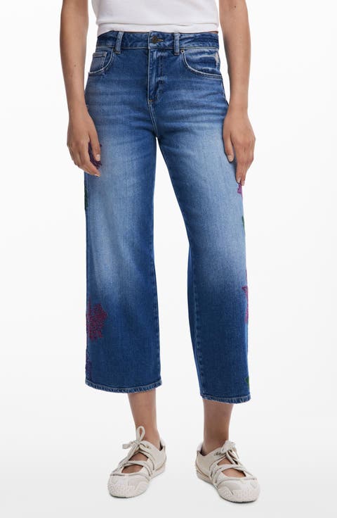 Leaf Embroidered Crop Wide Leg Jeans