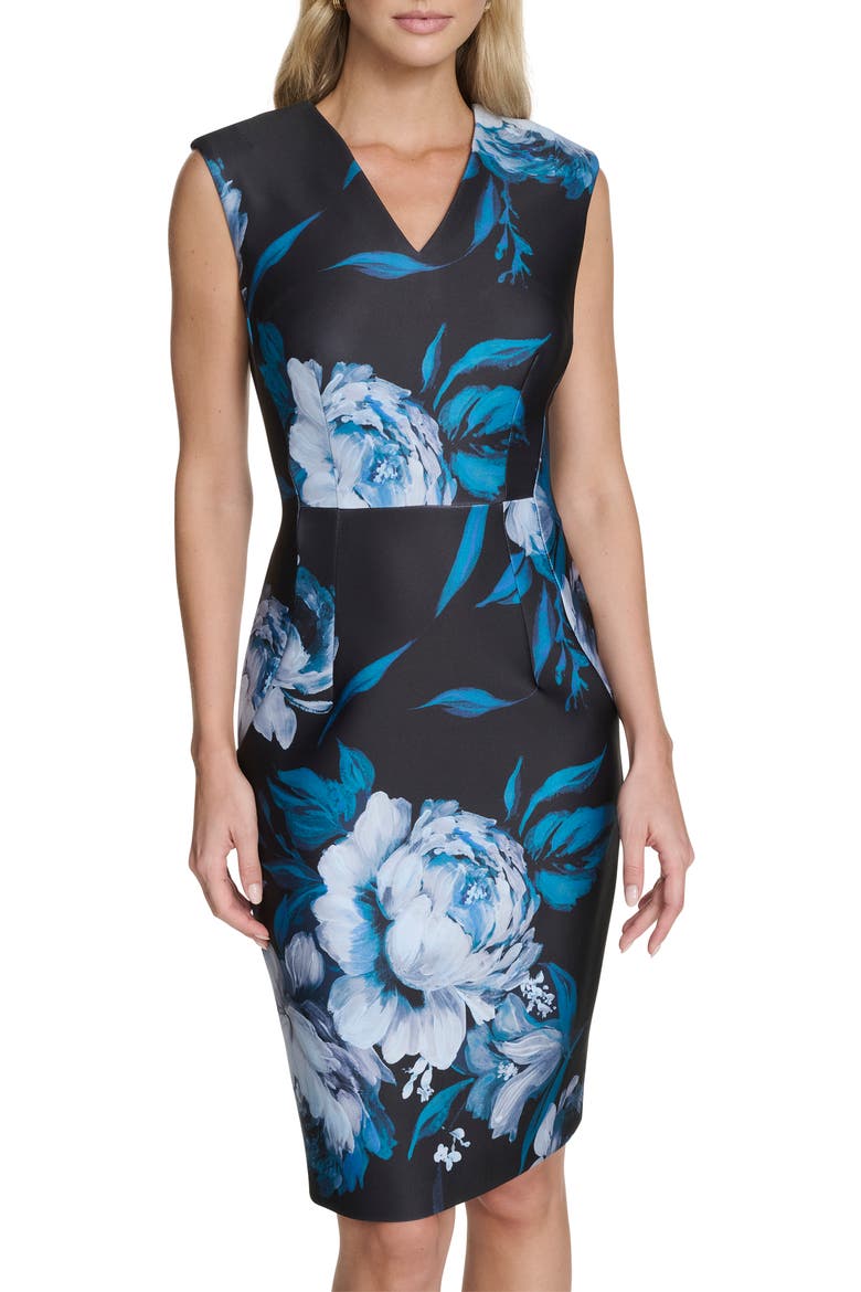 Floral Scuba Sheath Dress, Alternate, color, DK MALLARD MULTI