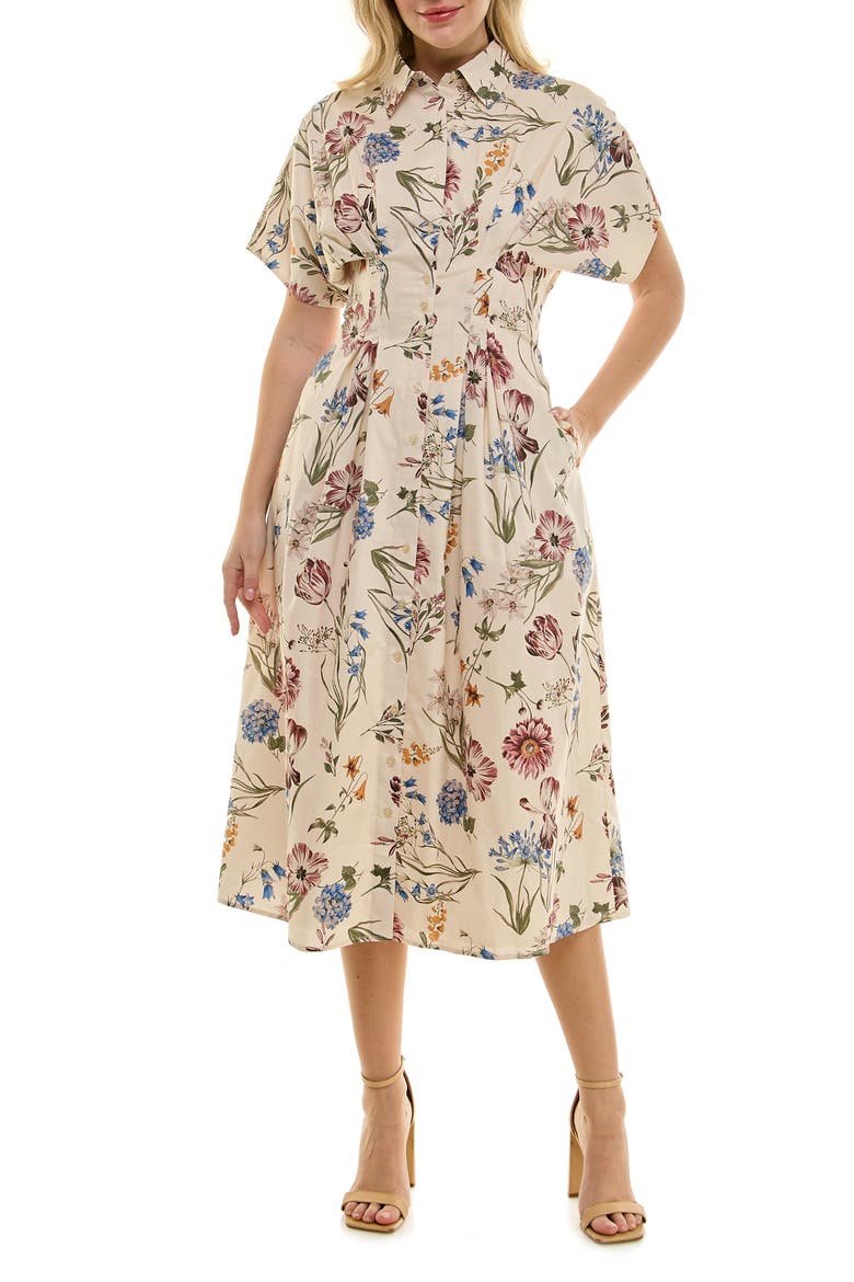 Printed Stretch Cotton Shirtdress, Main, color, CREAM BOTANICS