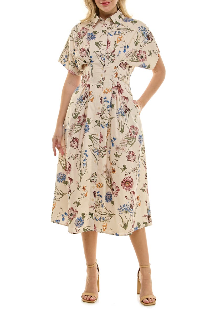 Nicole Miller Printed Stretch Cotton Shirtdress, Main, color, Cream Botanics