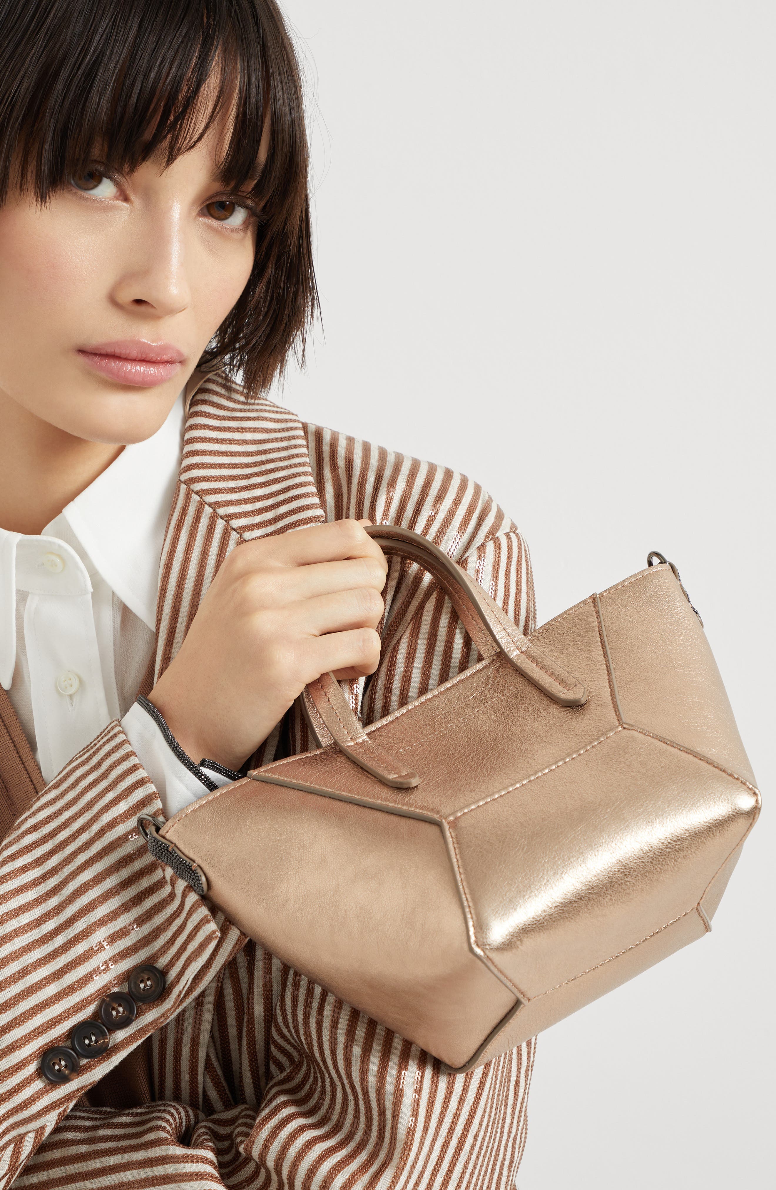 Brunello Cucinelli Mini lamé calfskin BC Duo bag, Alternate, color, 