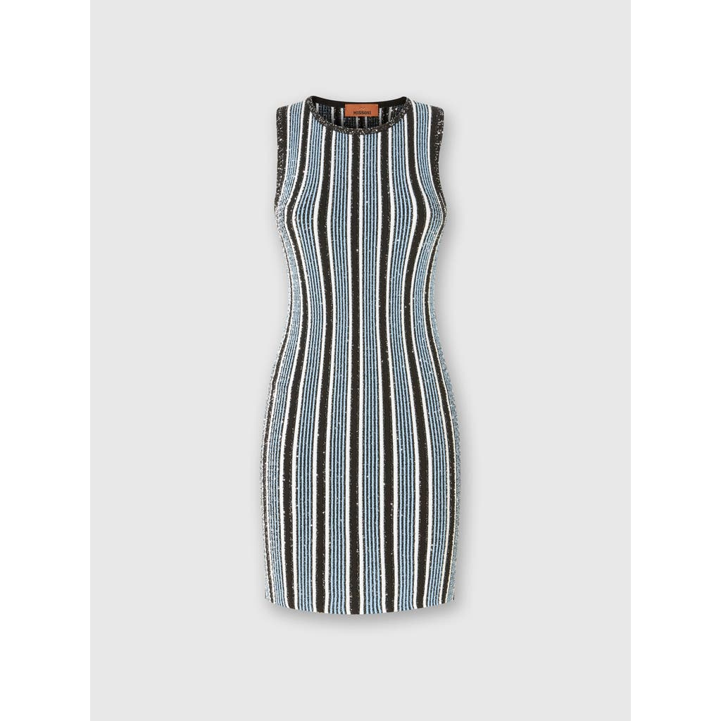 Missoni Ribbed Striped Mini-dress With Sequins In Black & Light Blue