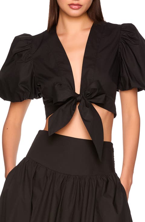 Bubble Sleeve Tie Front Cotton Poplin Top