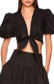 Susana Monaco Bubble Sleeve Tie Front Cotton Poplin Top