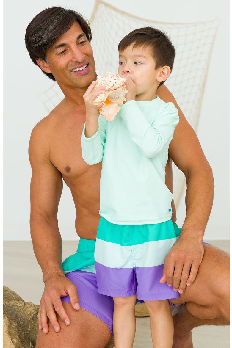 Long Sleeve Rashguard & Stripe Swim Trunks Set, Alternate, color, GREEN