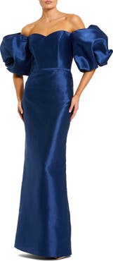 Mac Duggal Off The Shoulder Puff Sleeve Satin Evening Gown
