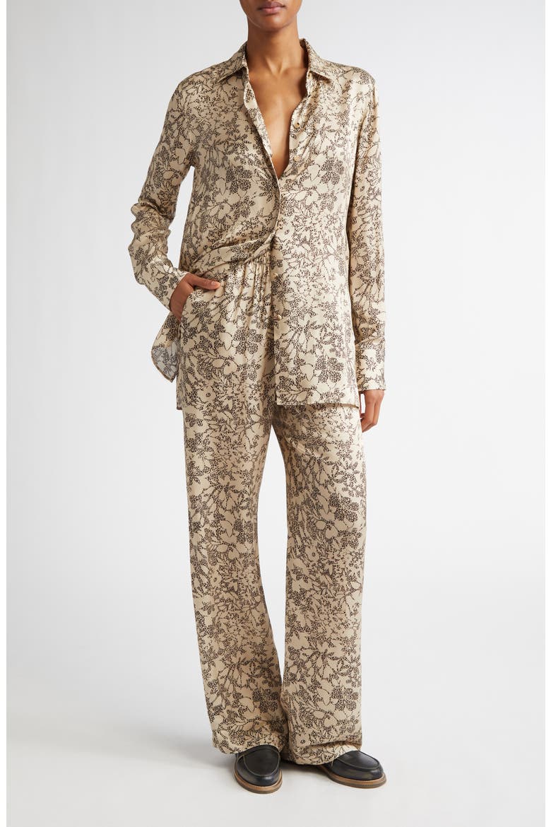 Floral Print Silk Blend Pajama Pants, Alternate, color, SAFARI/ BLACK