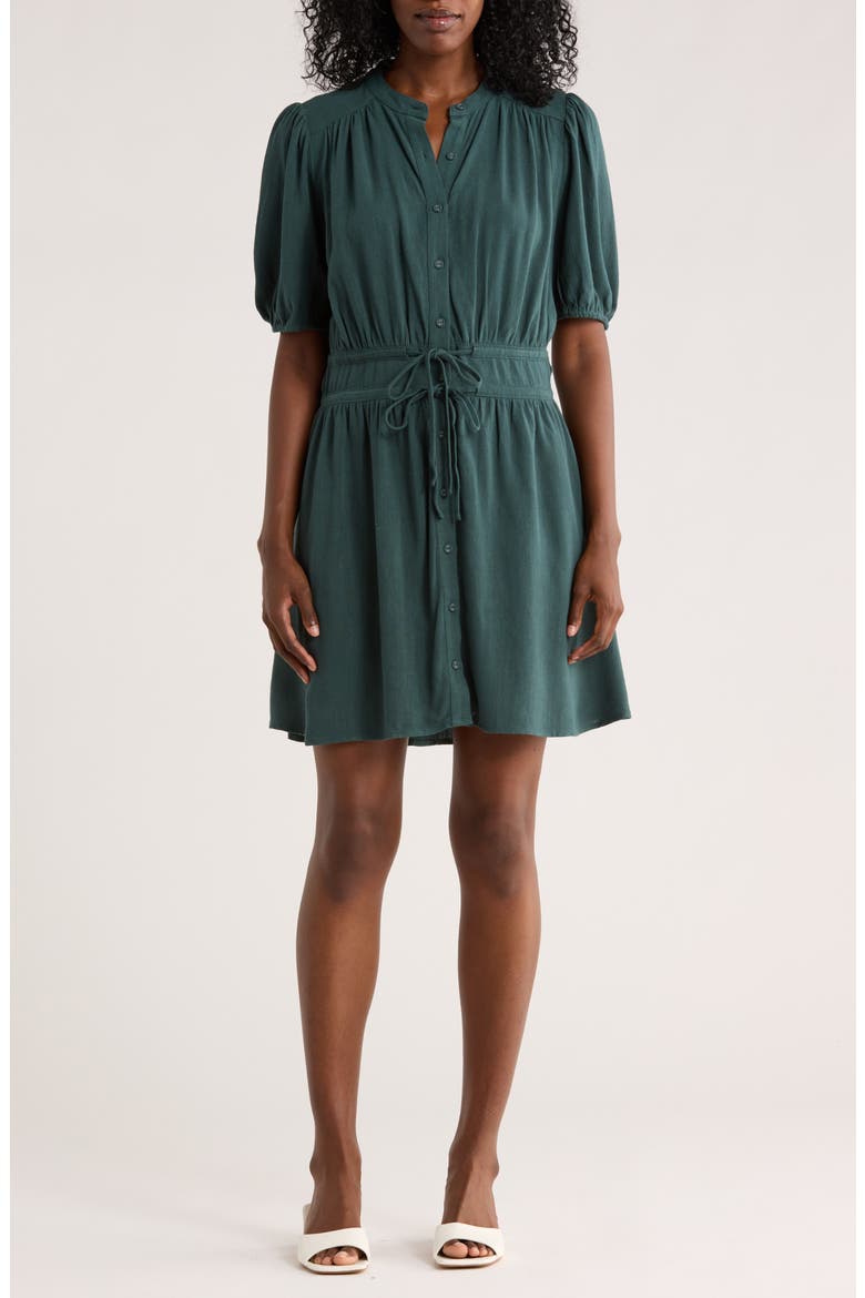 Puff Sleeve Button-Up Minidress, Main, color, DUSTY TEAL