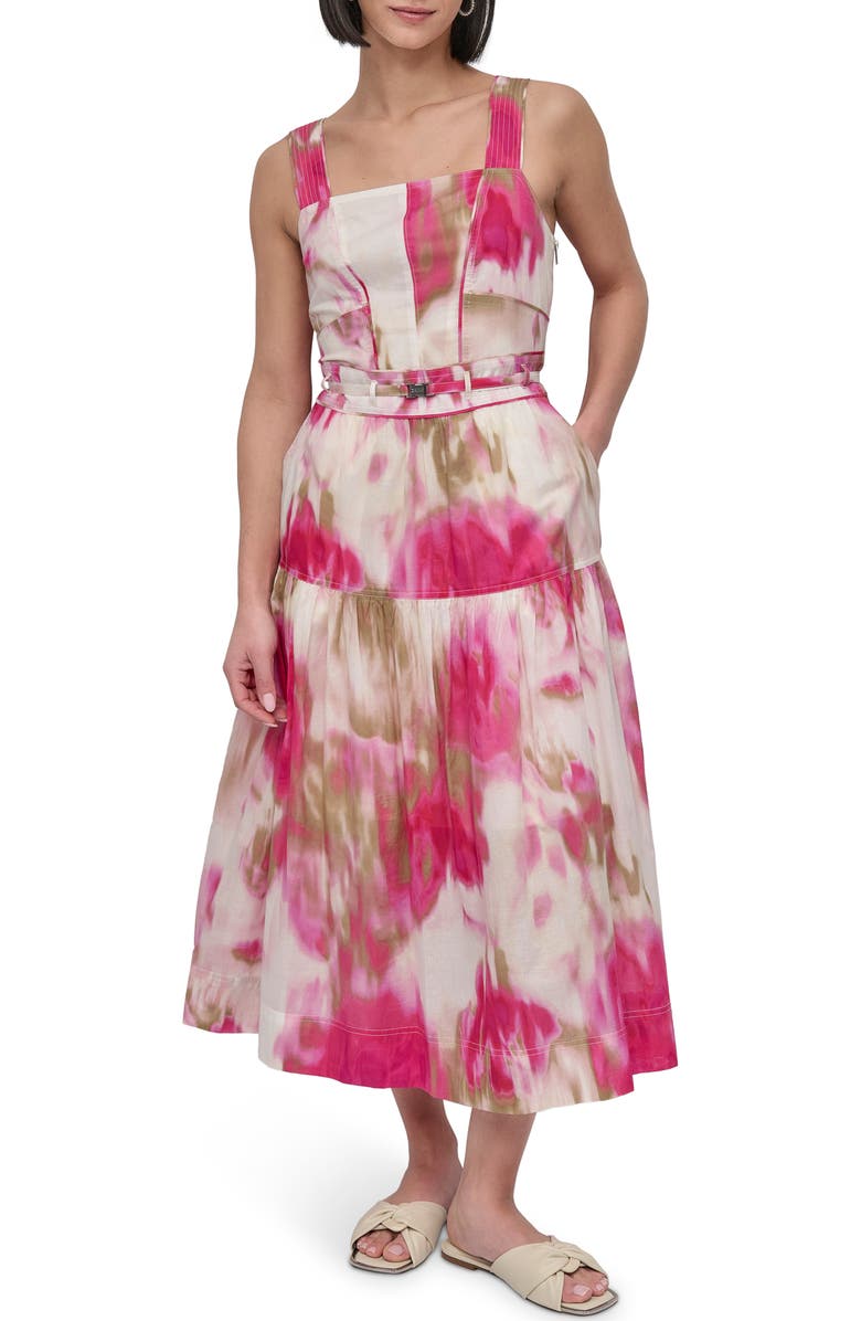 DKNY Square Neck Belted Floral Print Dress, Main, color, May Watercolor