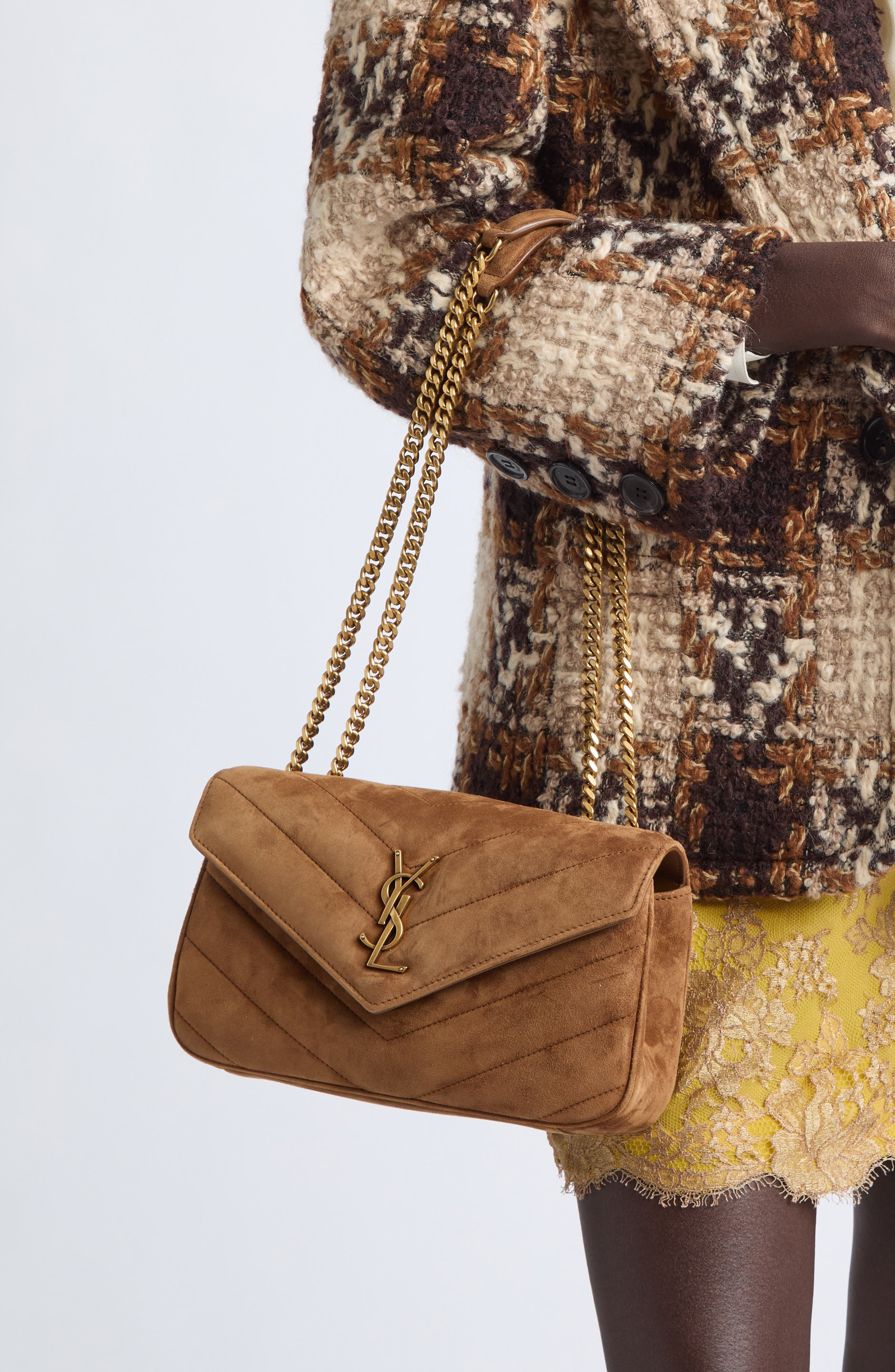 Small Loulou Suede Chain Shoulder Bag, Alternate, color, CARAMEL COGNAC