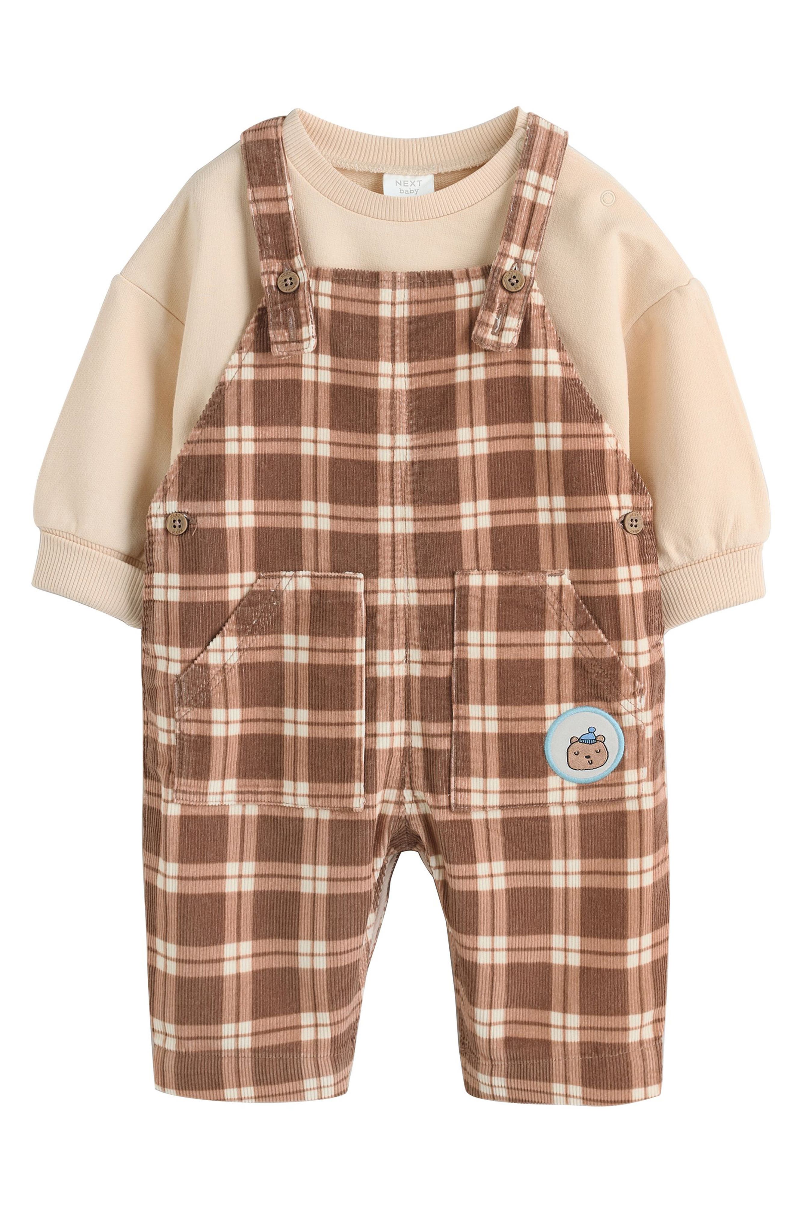 Next Babies'  Check Cotton Sweatshirt Bodysuit & Overalls Set In Brown