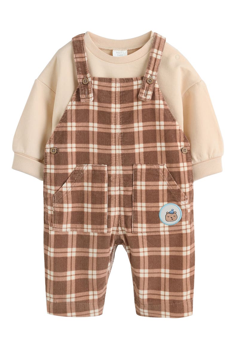 Check Cotton Sweatshirt Bodysuit & Overalls Set, Main, color, TAN