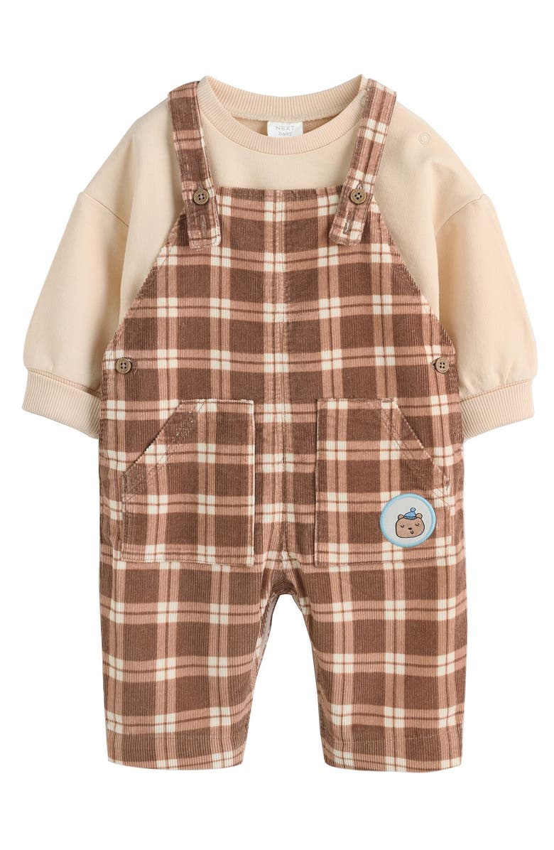 NEXT Check Cotton Sweatshirt Bodysuit & Overalls Set, Main, color, Tan