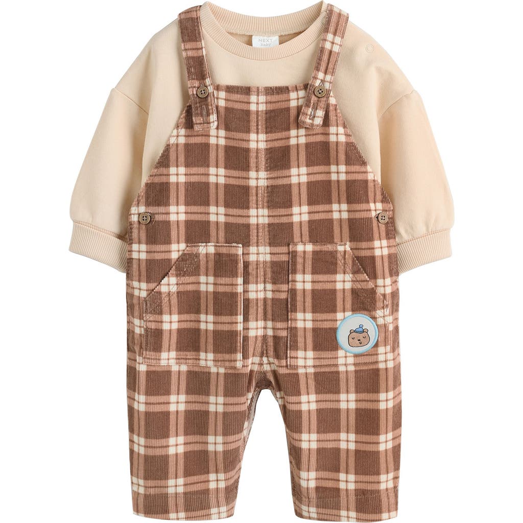 Next Babies' Check Cotton Sweatshirt Bodysuit & Overalls Set In Brown