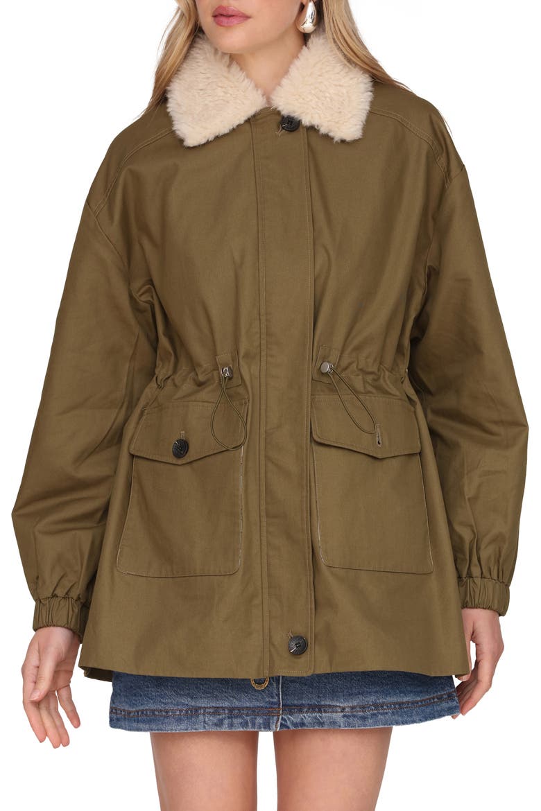 Cinched Cotton Jacket with Faux Shearling Collar, Alternate, color, ARMY GREEN