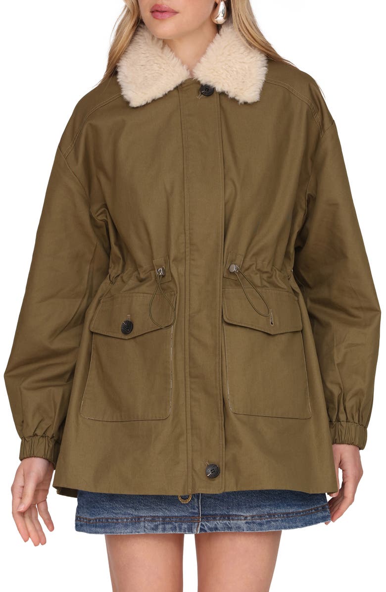 Avec Les Filles Cinched Cotton Jacket with Faux Shearling Collar, Alternate, color, Army Green